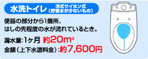 水洗トイレ　洋式サイホン式 | 便器の部分から1箇所、はしの先程度の水が流れているとき。漏水量：1ヶ月約20m3　金額（上下水道料金）：約7,600円